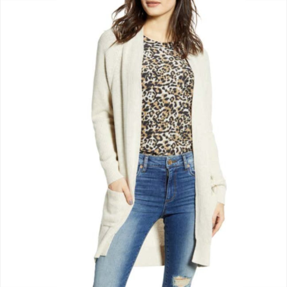 BP Longline Open Cardigan, Small, Beige Oatmeal Light Heather